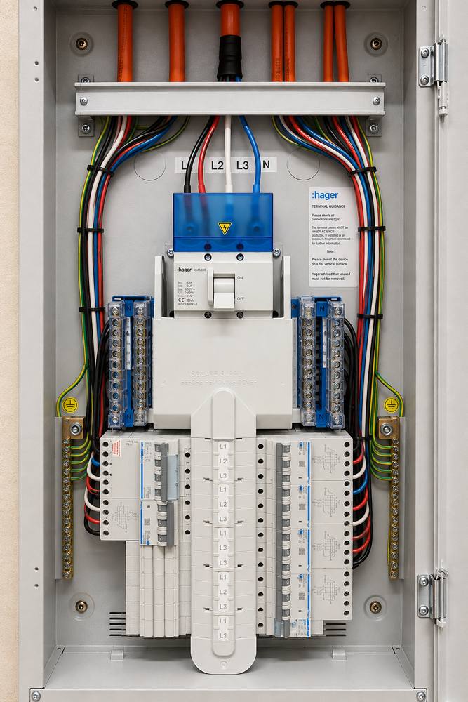 A new three-phase switchboard, every circuit labelled and the wiring dressed