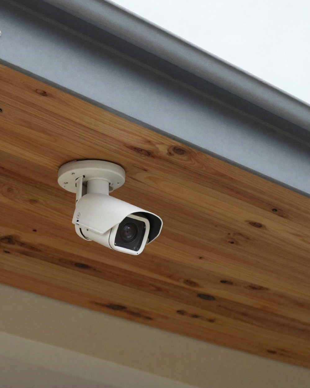 A bullet security camera on a round ceiling plate, fixed to the timber-lined eave of a house