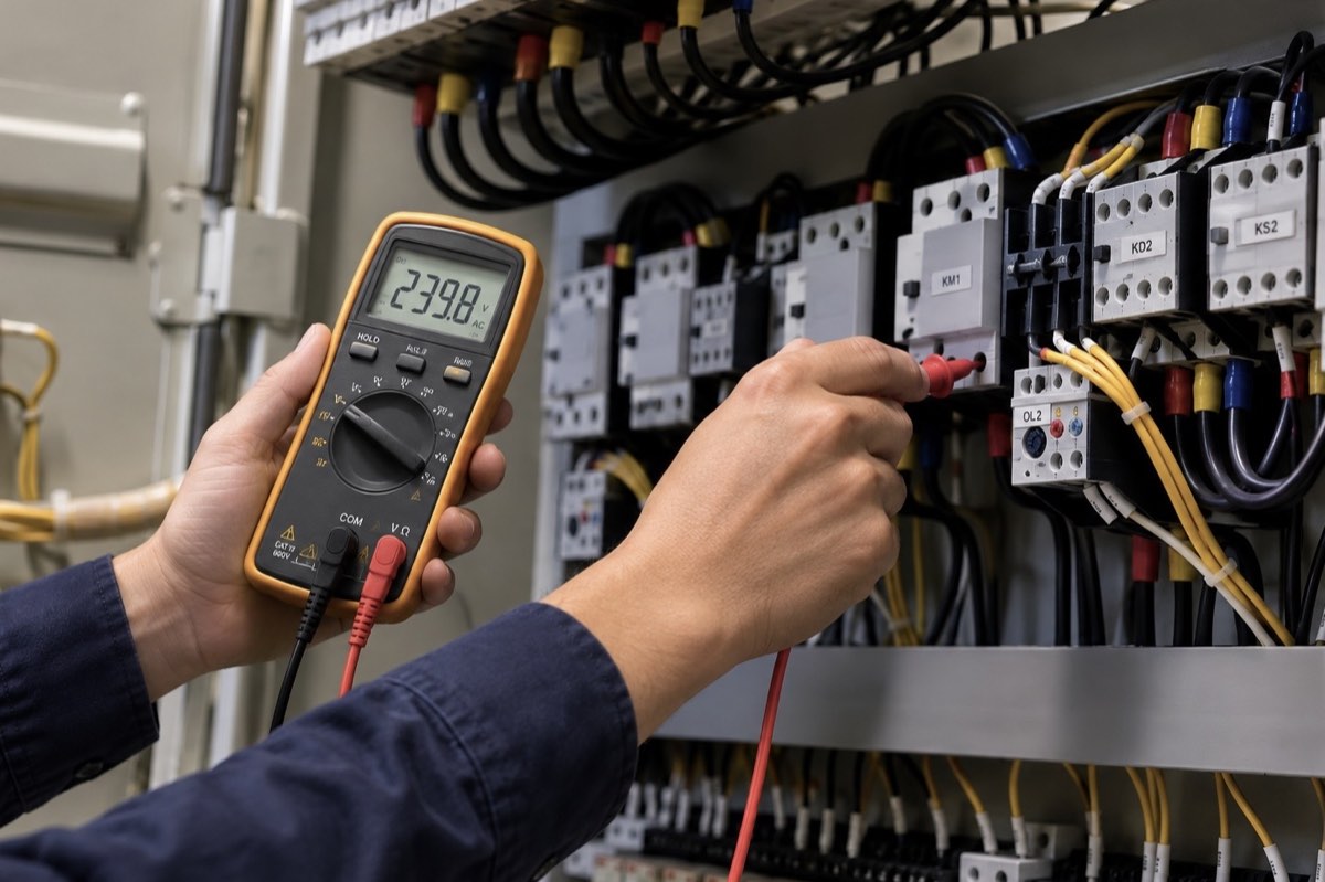 A multimeter reading 239.8 volts while testing a control panel